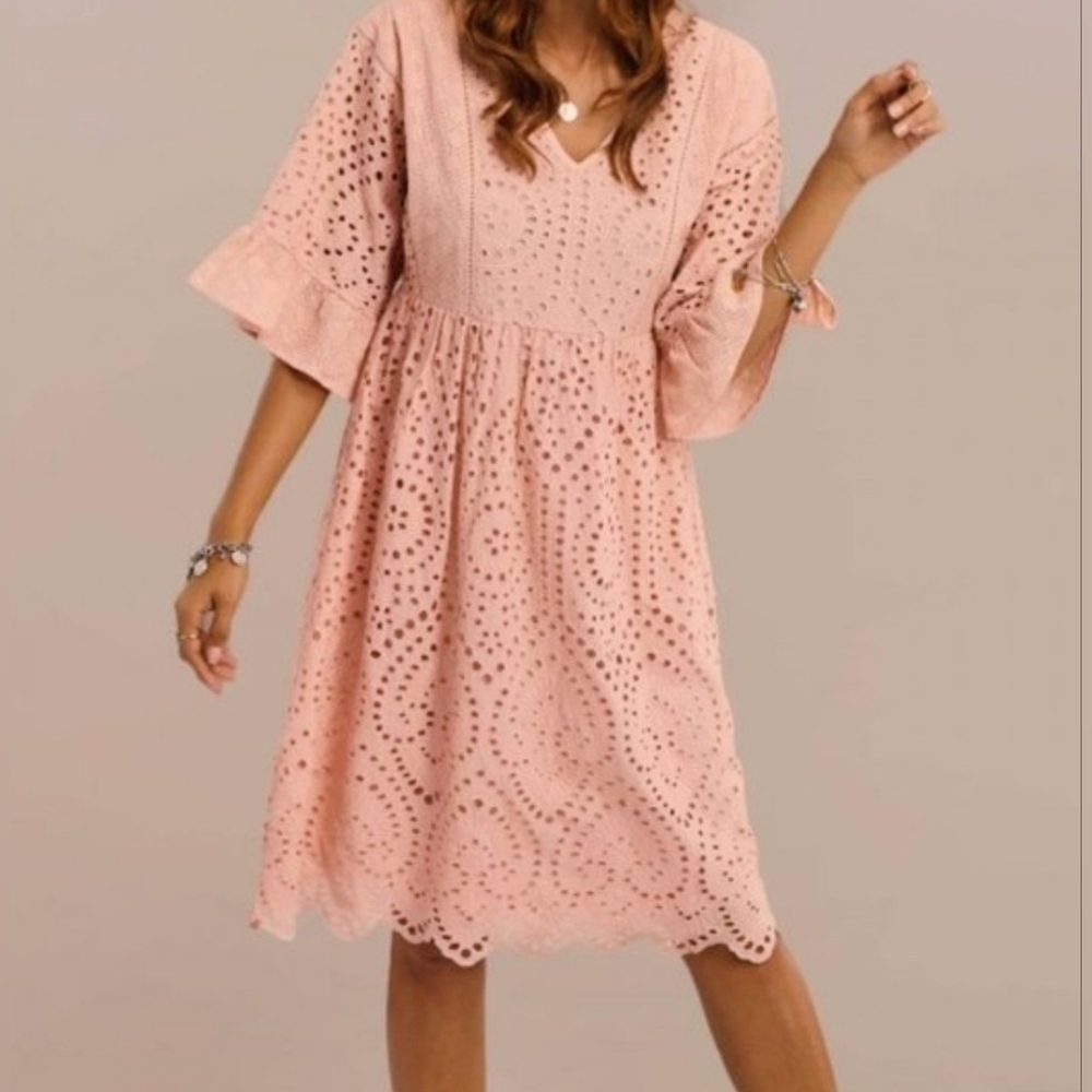 Roolee Eyelet Lace Ruffle Sleeve Lined Dress Peach Lg Cottagecore Wedding Guest